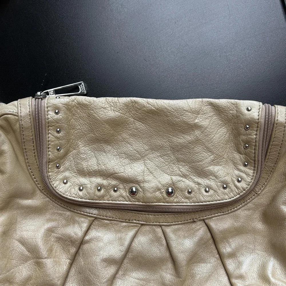 Stone Mountain Hobo Bag Womens Medium Gold Leather Studded Zip Shoulder Purse